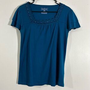 Crystal‎ Kobe Women's Petite Blue Crochet-Trim Knit Blouse Size M Solid